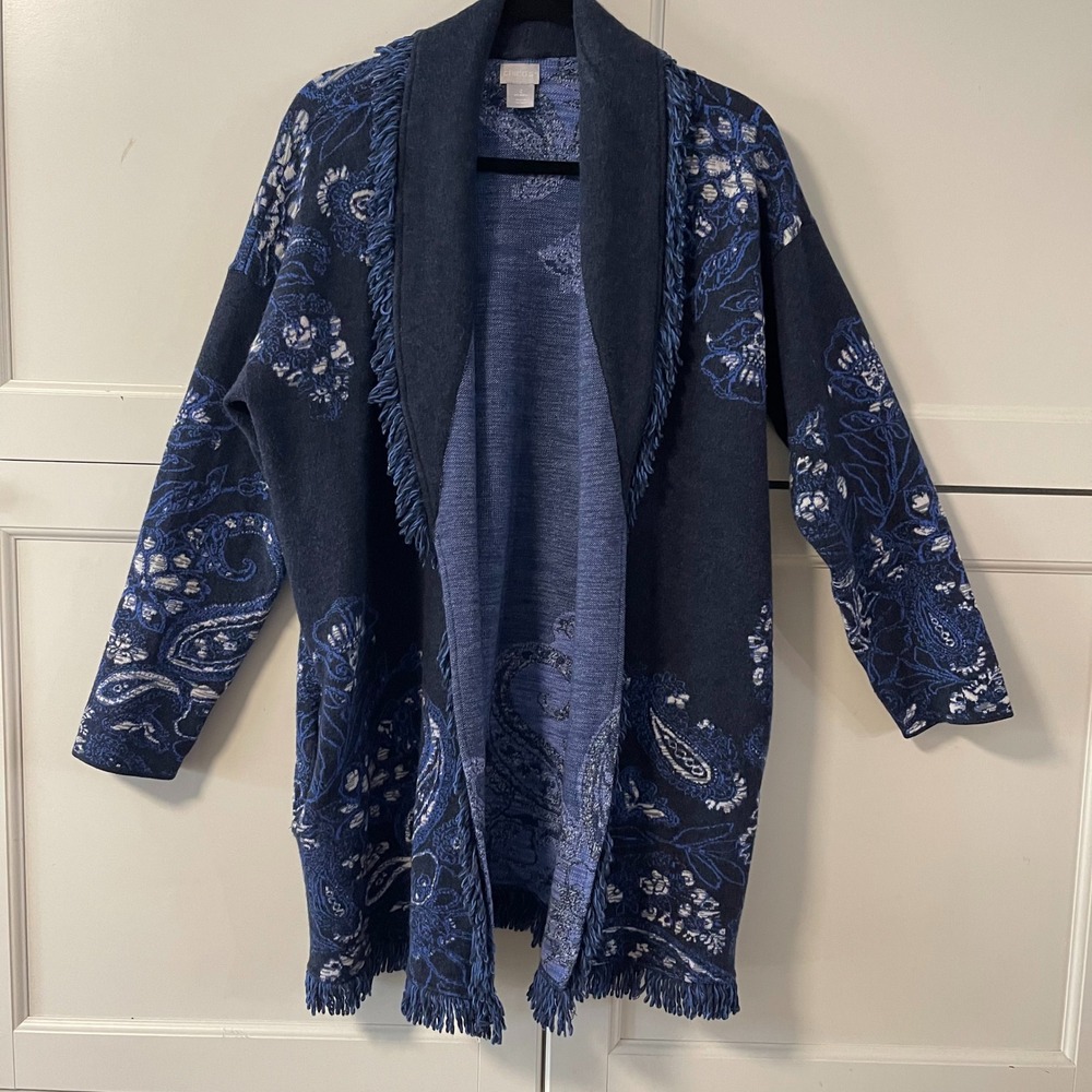 Chicos Blue Paisley Fringe Shawl Collar Open Cardigan Sweater Womens Size 2